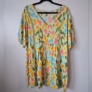 Rusttydustty Neon Abstract Leopard Print Babydoll Dress Crochet Trim Plus 2XL